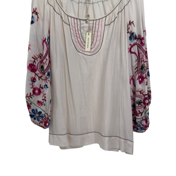 Max Studio Womens Embroidered Sleeve Boho Peasant Blouse SZ S 100% Rayon Beige - Picture 11 of 11